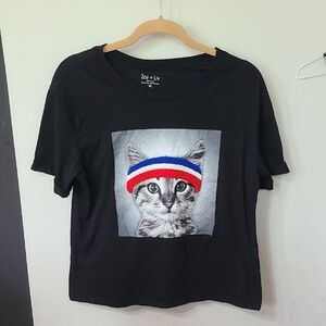 Zoe + Liv Black Cat T-Shirt with Red, Blue, and White Textured Headband Size XL